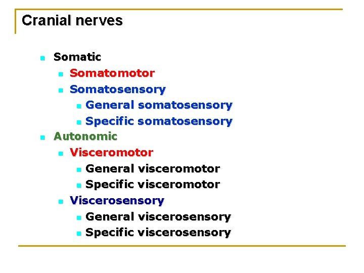 Cranial nerves n Somatic n Somatomotor Somatosensory n General somatosensory n Specific somatosensory Autonomic