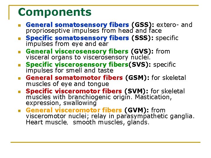 Components n n n n General somatosensory fibers (GSS): extero- and proprioseptive impulses from