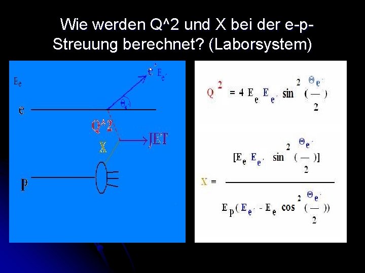 Wie werden Q^2 und X bei der e-p. Streuung berechnet? (Laborsystem) 