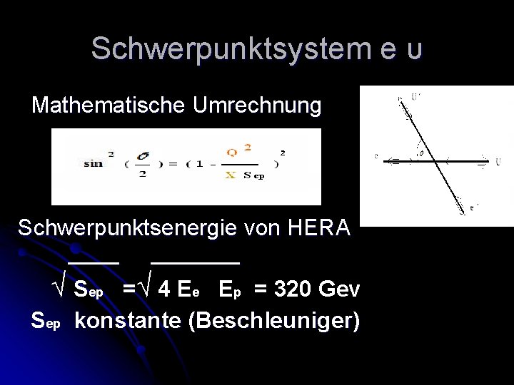 Schwerpunktsystem e υ Mathematische Umrechnung Schwerpunktsenergie von HERA _______ √ Sep =√ 4 Ee