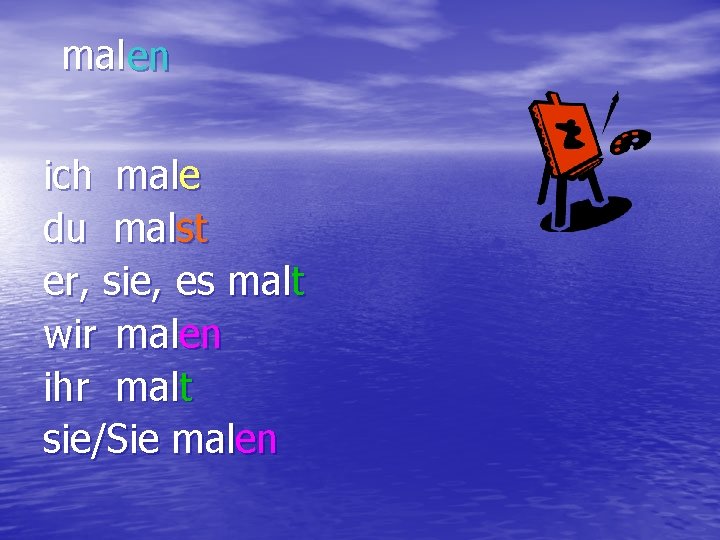 mal en ich male du malst er, sie, es malt wir malen ihr malt