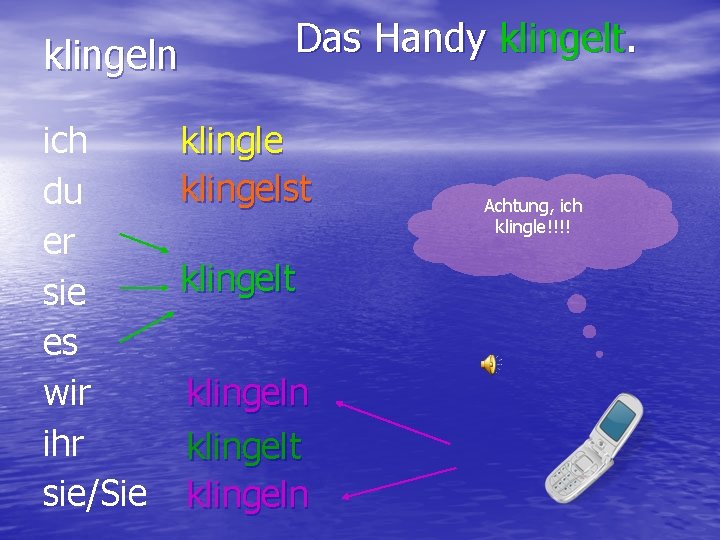 klingeln ich du er sie es wir ihr sie/Sie Das Handy klingelt. klingle klingelst