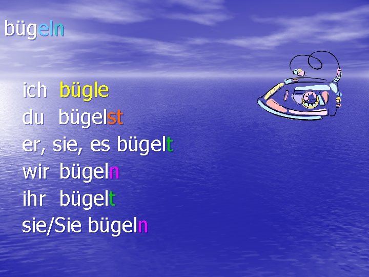 bügeln ich bügle du bügelst er, sie, es bügelt wir bügeln ihr bügelt sie/Sie