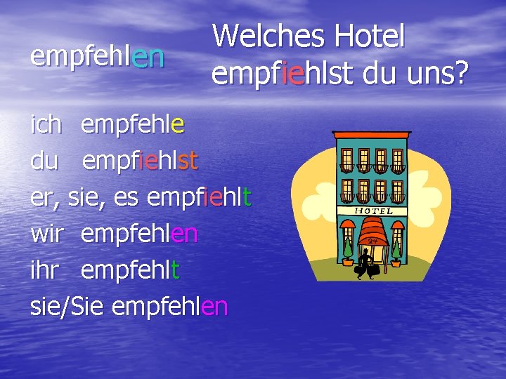 empfehl en Welches Hotel empfiehlst du uns? ich empfehle du empfiehlst er, sie, es