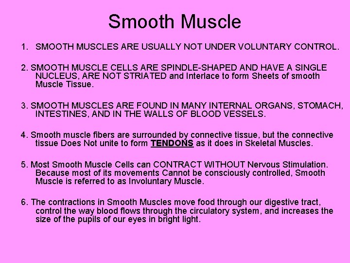 Smooth Muscle 1. SMOOTH MUSCLES ARE USUALLY NOT UNDER VOLUNTARY CONTROL. 2. SMOOTH MUSCLE