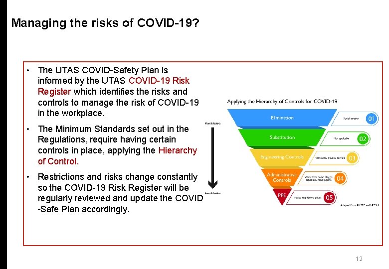 Managing the risks of COVID-19? • The UTAS COVID-Safety Plan is informed by the