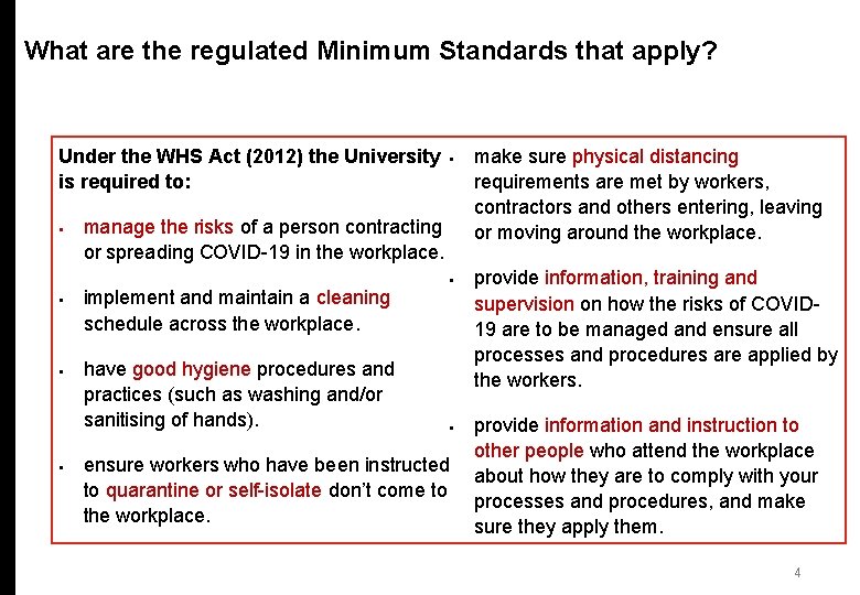 What are the regulated Minimum Standards that apply? Under the WHS Act (2012) the