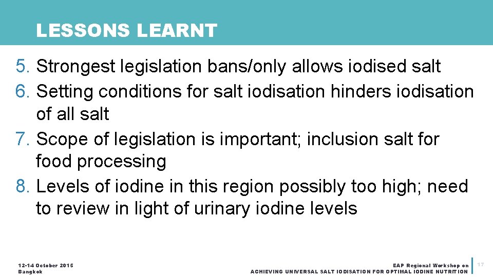 LESSONS LEARNT 5. Strongest legislation bans/only allows iodised salt 6. Setting conditions for salt