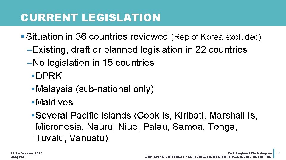 CURRENT LEGISLATION § Situation in 36 countries reviewed (Rep of Korea excluded) –Existing, draft