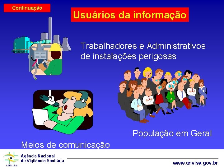 Continuação Usuários da informação Trabalhadores e Administrativos de instalações perigosas População em Geral Meios