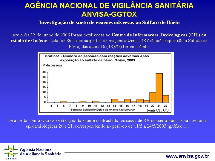 AGÊNCIA NACIONAL DE VIGIL NCIA SANITÁRIA ANVISA-GGTOX Investigação de surto de reações adversas ao