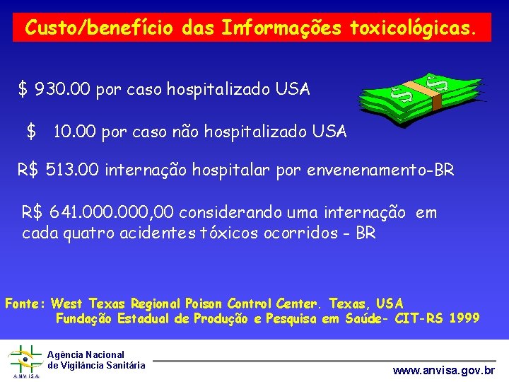 Custo/benefício das Informações toxicológicas. $ 930. 00 por caso hospitalizado USA $ 10. 00