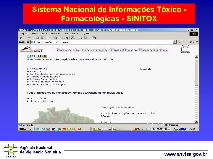 Sistema Nacional de Informações Tóxico Farmacológicas - SINITOX Agência Nacional de Vigilância Sanitária www.