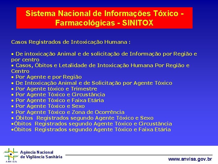 Sistema Nacional de Informações Tóxico Farmacológicas - SINITOX Casos Registrados de Intoxicação Humana :