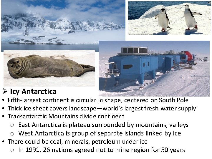 Ø Icy Antarctica • Fifth-largest continent is circular in shape, centered on South Pole