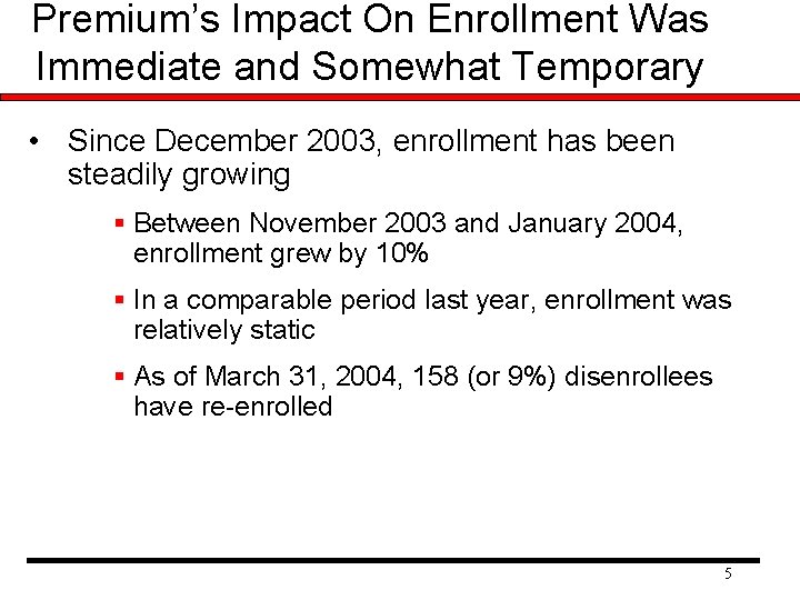Premium’s Impact On Enrollment Was Immediate and Somewhat Temporary • Since December 2003, enrollment Premium’s Impact On Enrollment Was Immediate and Somewhat Temporary • Since December 2003, enrollment