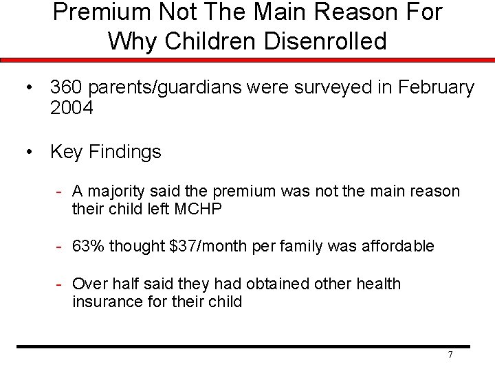 Premium Not The Main Reason For Why Children Disenrolled • 360 parents/guardians were surveyed Premium Not The Main Reason For Why Children Disenrolled • 360 parents/guardians were surveyed