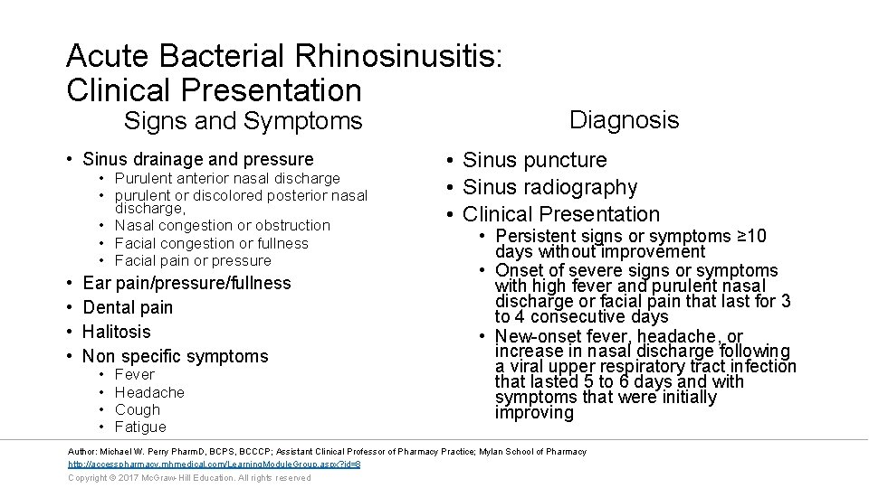 Acute Bacterial Rhinosinusitis: Clinical Presentation Signs and Symptoms • Sinus drainage and pressure •