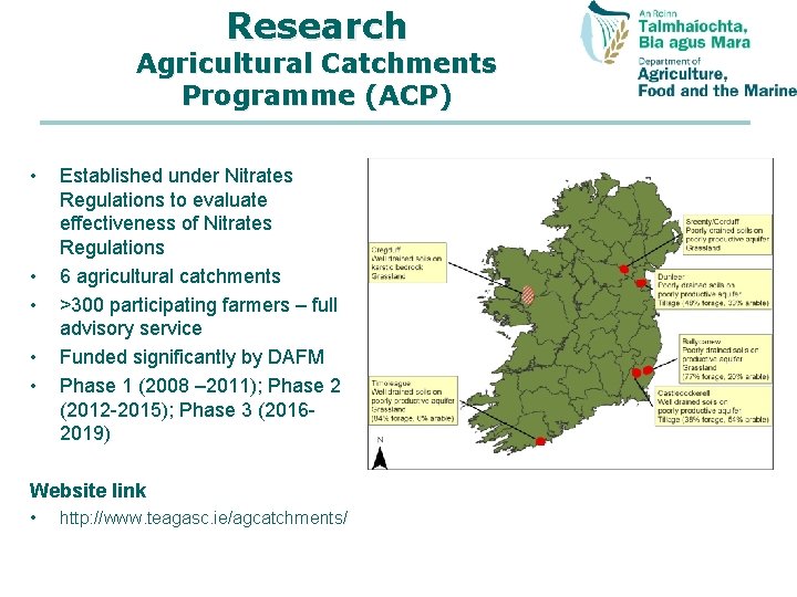 Research Agricultural Catchments Programme (ACP) • • • Established under Nitrates Regulations to evaluate