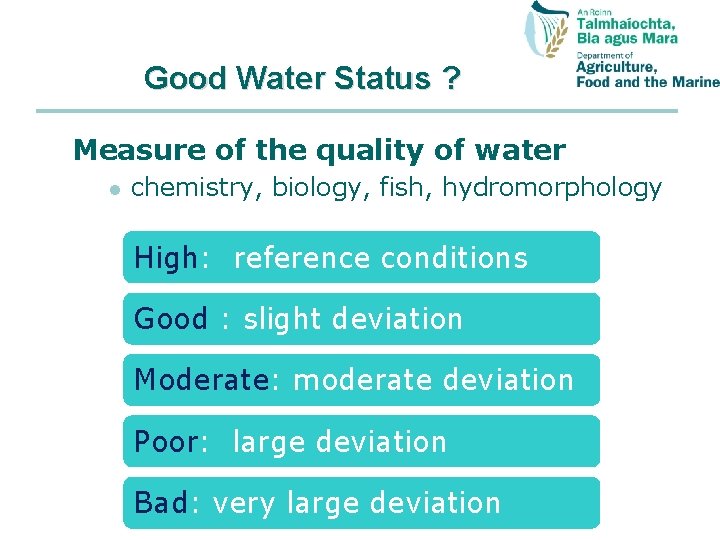 Good Water Status ? Measure of the quality of water l chemistry, biology, fish,