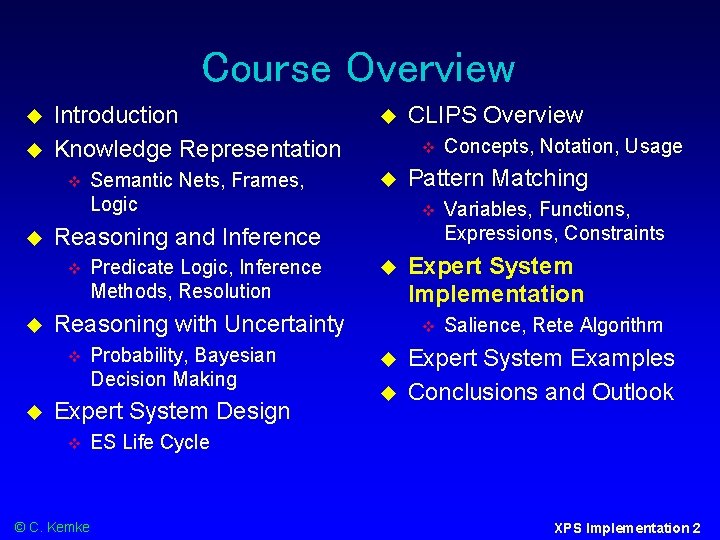 Course Overview Introduction Knowledge Representation Semantic Nets, Frames, Logic Predicate Logic, Inference Methods, Resolution