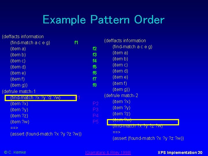 Example Pattern Order (deffacts information (find-match a c e g) f 1 (item a)