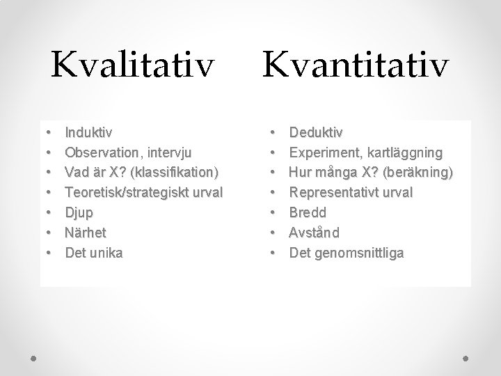 Kvalitativ Kvantitativ • • Induktiv Observation, intervju Vad är X? (klassifikation) Teoretisk/strategiskt urval Djup