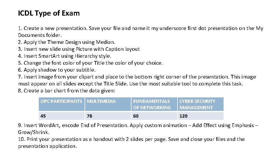 ICDL Type of Exam 1. Create a new presentation. Save your file and name