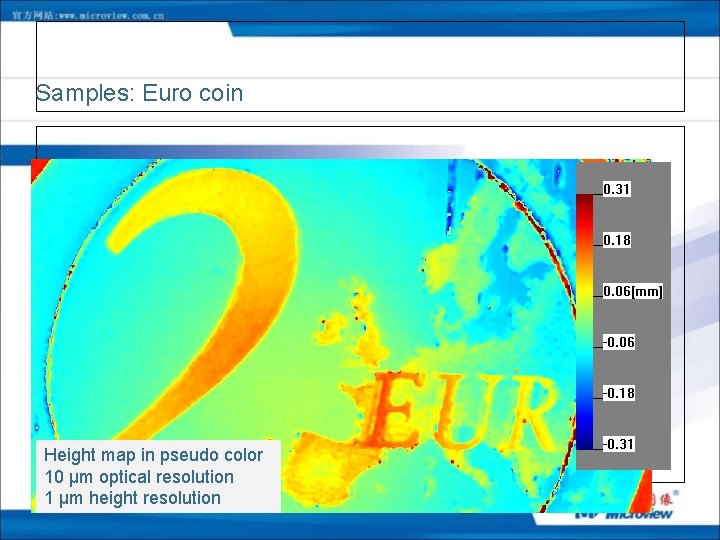 Samples: Euro coin Height map in pseudo color 10 µm optical resolution 1 µm