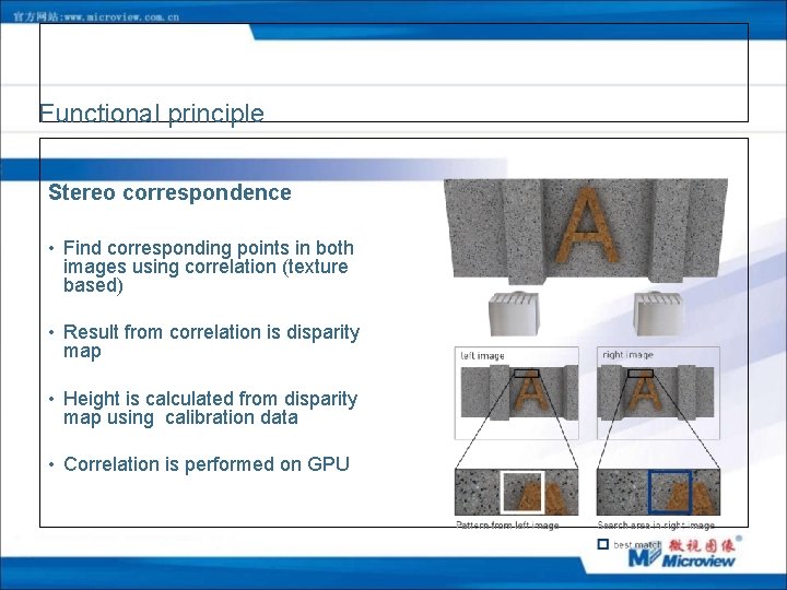 Functional principle Stereo correspondence • Find corresponding points in both images using correlation (texture