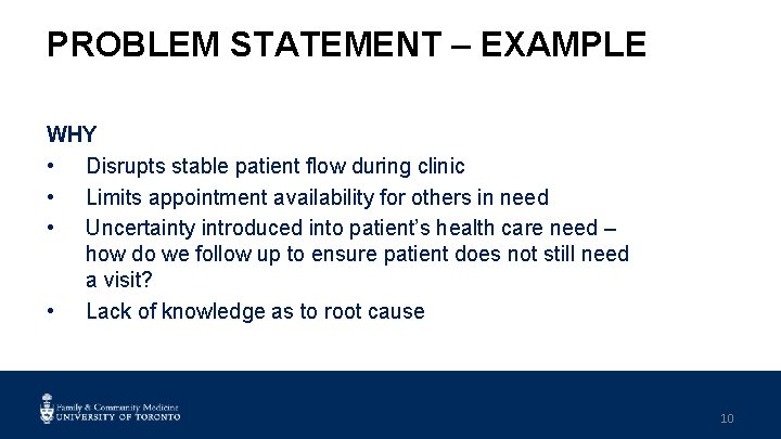 PROBLEM STATEMENT – EXAMPLE WHY • Disrupts stable patient flow during clinic • Limits