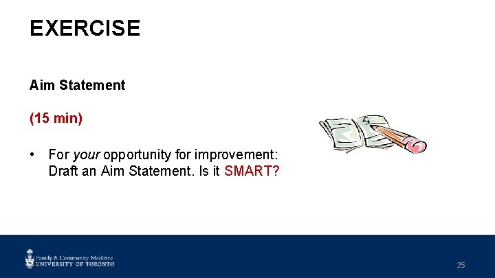 EXERCISE Aim Statement (15 min) • For your opportunity for improvement: Draft an Aim