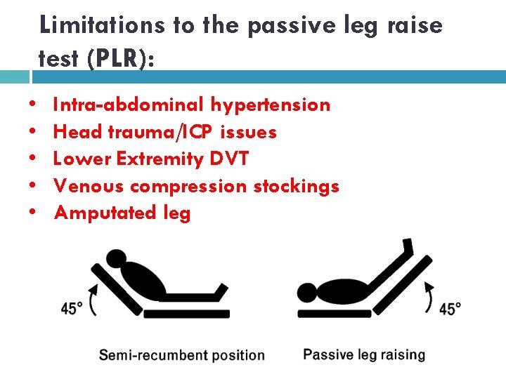 Limitations to the passive leg raise test (PLR): • • • Intra-abdominal hypertension Head