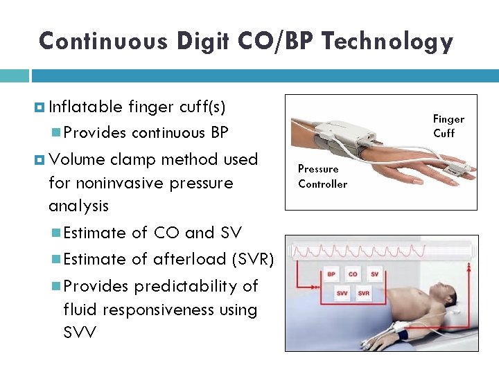 Continuous Digit CO/BP Technology Inflatable finger cuff(s) Provides continuous BP Volume clamp method used