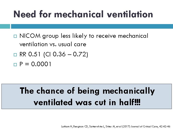 Need for mechanical ventilation NICOM group less likely to receive mechanical ventilation vs. usual