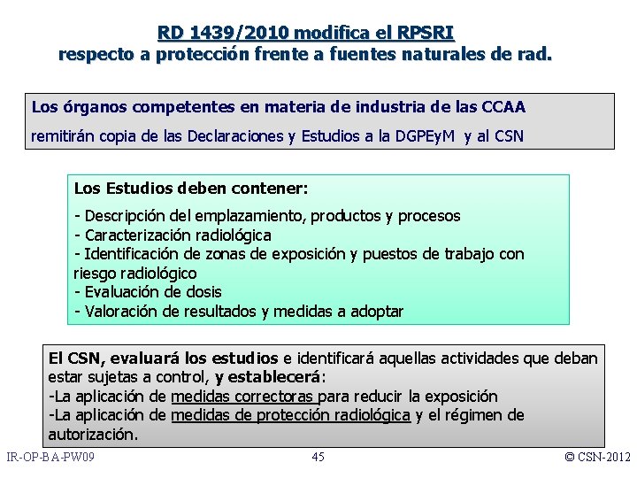 RD 1439/2010 modifica el RPSRI respecto a protección frente a fuentes naturales de rad.