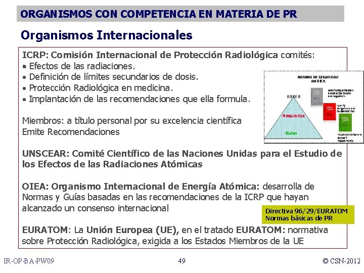 ORGANISMOS CON COMPETENCIA EN MATERIA DE PR Organismos Internacionales ICRP: Comisión Internacional de Protección