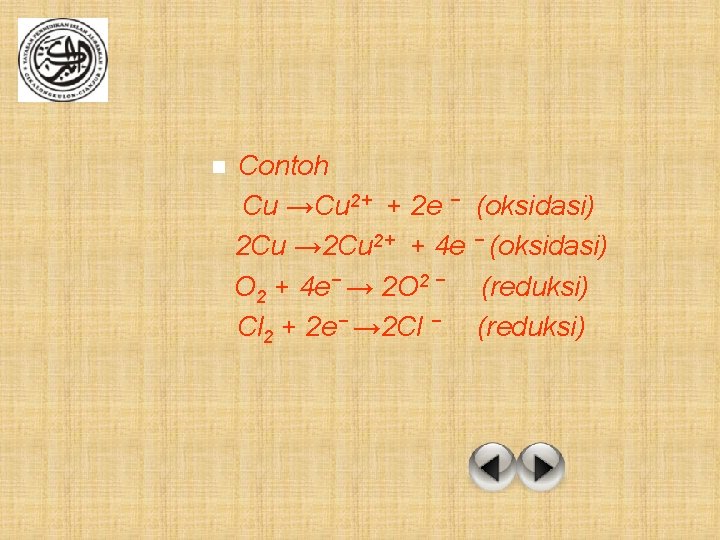 n Contoh Cu →Cu 2+ + 2 e − (oksidasi) 2 Cu → 2