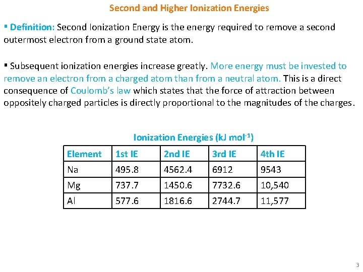 Second and Higher Ionization Energies ▪ Definition: Second Ionization Energy is the energy required