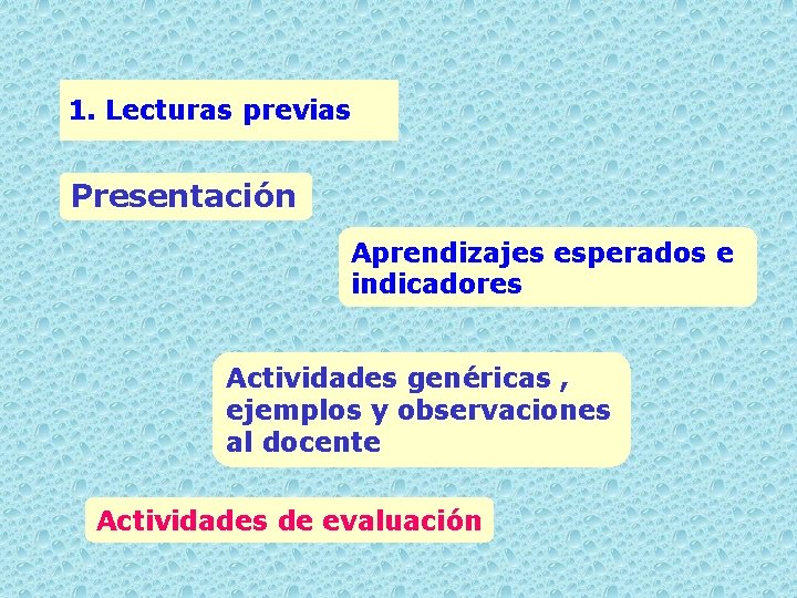 1. Lecturas previas Presentación Aprendizajes esperados e indicadores Actividades genéricas , ejemplos y observaciones
