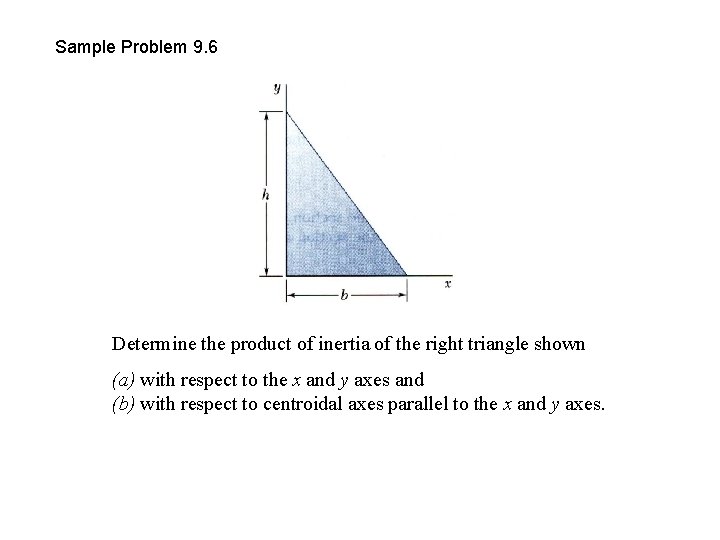 Sample Problem 9. 6 Determine the product of inertia of the right triangle shown
