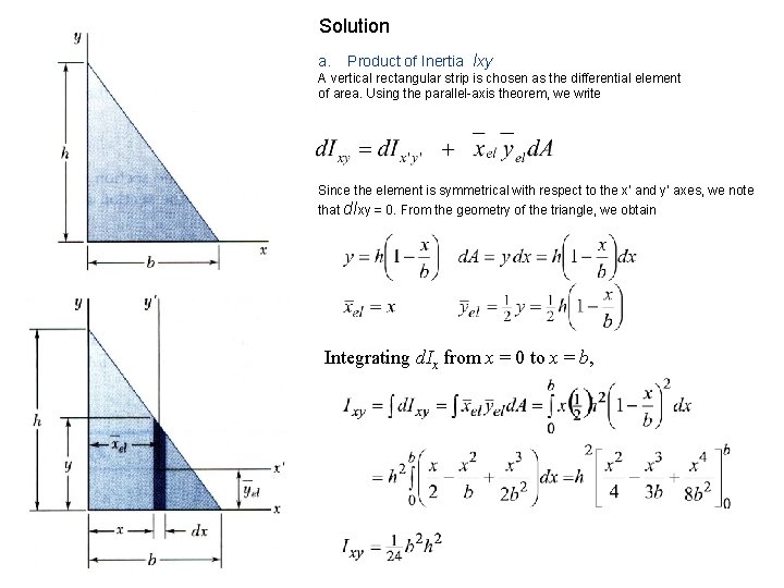 Solution a. Product of Inertia Ixy A vertical rectangular strip is chosen as the