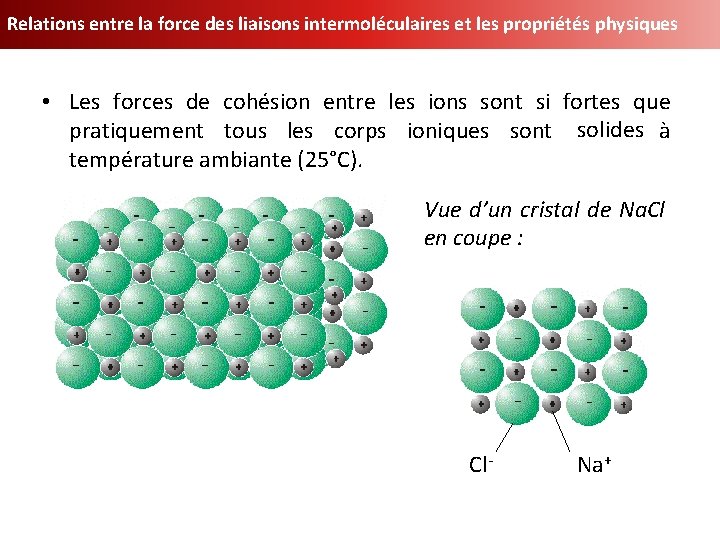 Relations entre la force des liaisons intermoléculaires et les propriétés physiques • Les forces