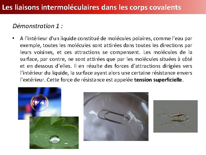 Les liaisons intermoléculaires dans les corps covalents Démonstration 1 : • A l’intérieur d’un