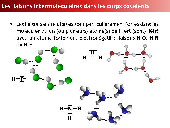 Les liaisons intermoléculaires dans les corps covalents • Les liaisons entre dipôles sont particulièrement