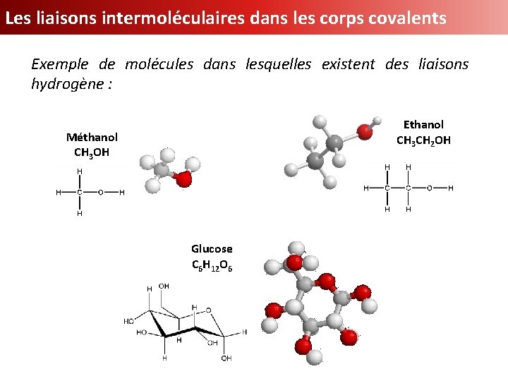 Les liaisons intermoléculaires dans les corps covalents Exemple de molécules dans lesquelles existent des