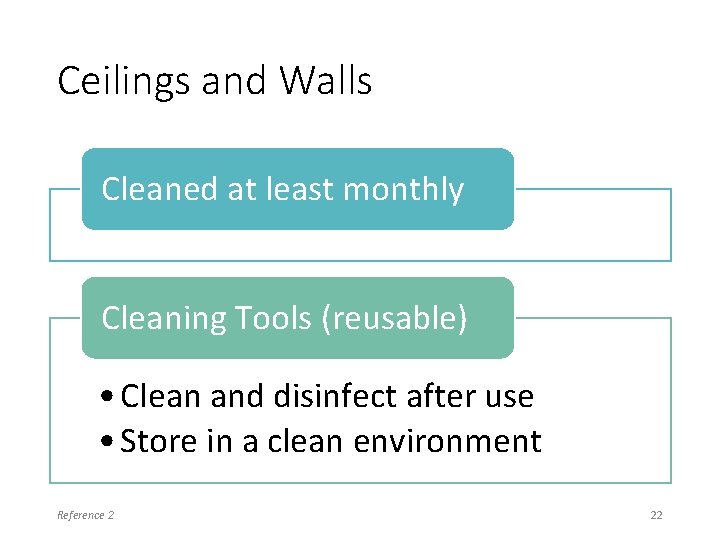 Ceilings and Walls Cleaned at least monthly Cleaning Tools (reusable) • Clean and disinfect