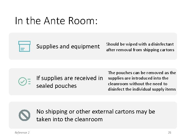 In the Ante Room: Supplies and equipment If supplies are received in sealed pouches