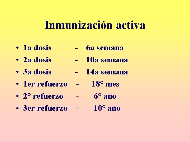 Inmunización activa • • • 1 a dosis - 6 a semana 2 a Inmunización activa • • • 1 a dosis - 6 a semana 2 a