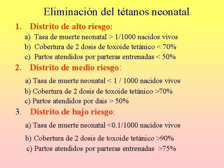 Eliminación del tétanos neonatal 1. Distrito de alto riesgo: a) Tasa de muerte neonatal Eliminación del tétanos neonatal 1. Distrito de alto riesgo: a) Tasa de muerte neonatal